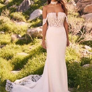 Lillian West 66304 crepe fit and flare bridal gown-ivory